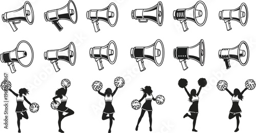 Cheerleaders and megaphones, a dynamic collection of energetic cheerleaders performing poses and vintage-style megaphones, symbolizing team spirit, support, and communication, pom pom, sport event