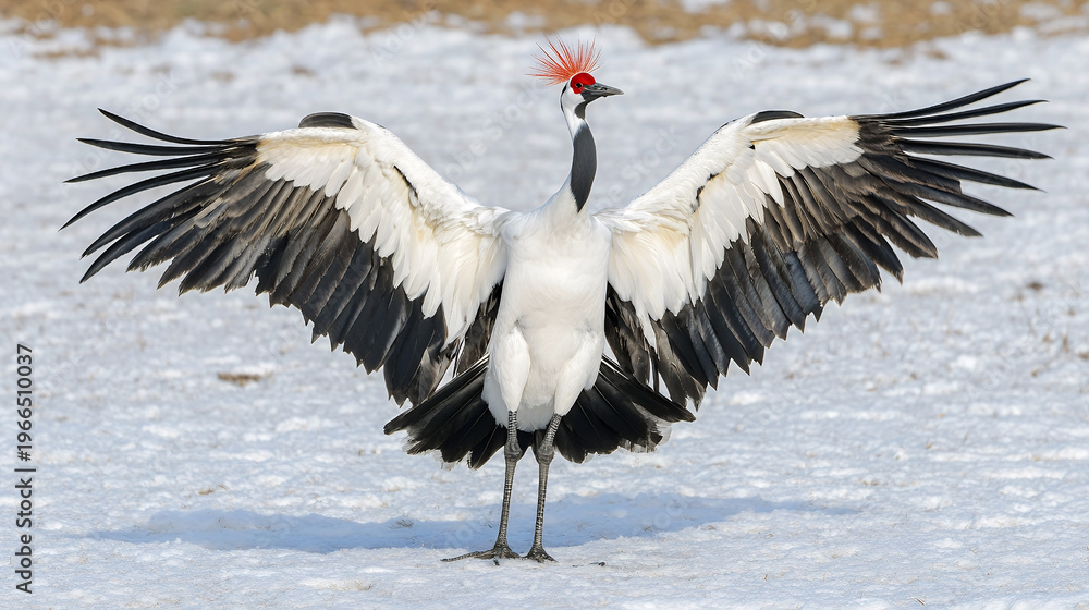 Fototapeta premium Majestic crane spreads its wings wide against a snowy backdrop, displaying its striking plumage and regal stance.