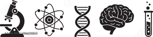 A set of black minimalist icons representing scientific research and biology, including a test tube, human brain, DNA helix, atom model, and a microscope.