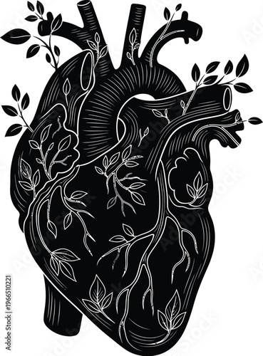 Black anatomical heart with growing green leaves and vines, symbolizing life, nature, and health, set against a clean white background