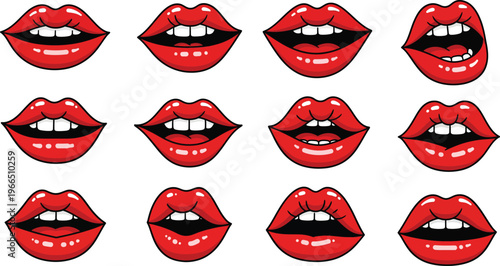 Collage of twelve red lips with white teeth, expressing various emotions and actions like kissing and speaking, on a pink background, pop art