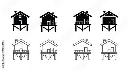 Simple black and white icons depicting elevated houses on stilts