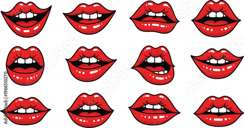 Collection of red lips with diverse expressions and shades, graphic illustration, pop art style, white background, pink background, biting lip