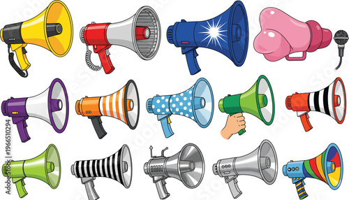 Colorful collection of megaphones and bullhorns in various designs, representing communication and announcement, white background, flat design