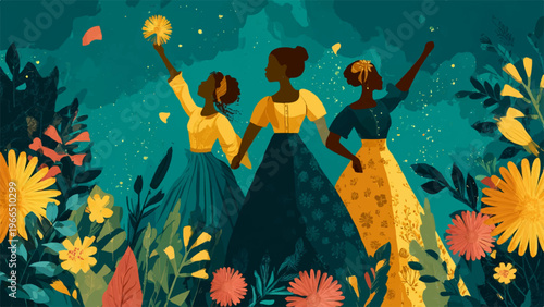 Illustration of women dancing, colorful floral background, vibrant teal, yellow, and pink hues, dancing girls vector