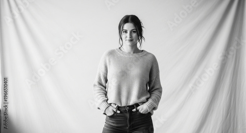 Black and White Portrait of a Young Woman Standing Confidently.