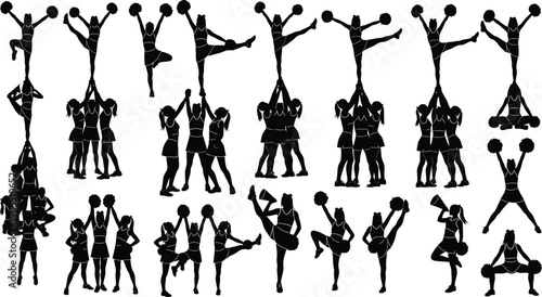 Diverse black silhouette illustrations of cheerleaders performing stunts and formations, showcasing teamwork, energy, and athletic routines, cheerleader silhouette, sport silhouette, action silhouette