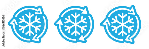 Defrost line icon set, label, logo, badge, sign, symbol, sticker, isolated vector illustration. Frozen food label product. Freezer control, auto cooling, conditioning, snowflake, rotation arrow icons.