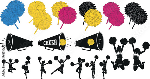 Cheerleading graphics set including pom-poms, megaphones with 'cheer' text, and energetic silhouettes of cheerleaders in dynamic poses, school spirit, pep rally, white background, sports icons