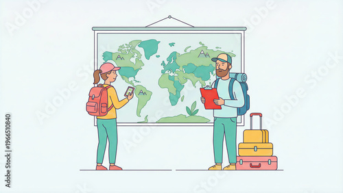 Backpackers planning their next international journey using a large world map and digital device while standing near stacked luggage.