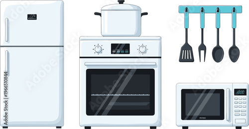 Kitchen Appliances Vector Set with Refrigerator, Oven, Microwave and Cooking Utensils for Home, Cooking, Household Equipment and Interior Design Illustration