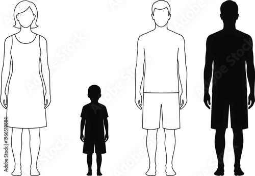 Human figures silhouettes and outlines illustration - diverse adults and child in profile for growth and development concepts vector graphic with black white with full length with white background
