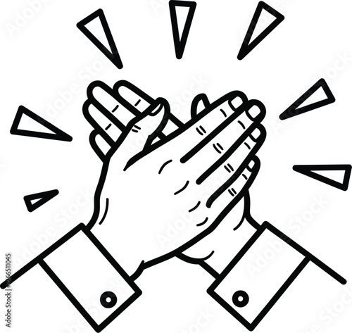 Line art illustration of two hands clapping with radiating triangles, symbolizing applause, approval, celebration, and appreciation for achievements, good job, standing ovation, white background
