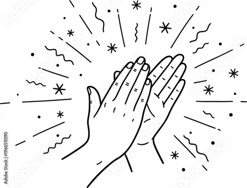 Clapping hands outline icon with radiant sparkles with good job with well done with hand drawn with doodle art with black white with white background