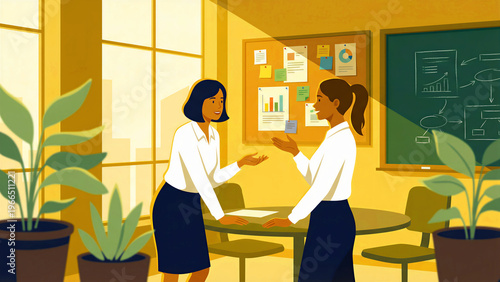 Two professional, diverse businesswomen are actively engaged in a focused collaborative discussion, sharing valuable insights and ideas, gesturing expressively while standing, possibly strategizing