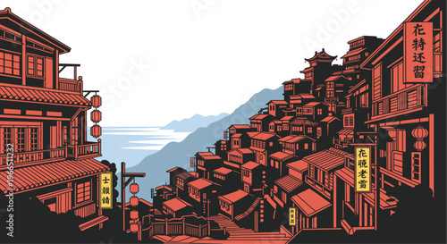 Narrow traditional asian village street with ancient buildings and shops on a hillside overlooking mountains and water with asian architecture with narrow alley with old town with pixel art