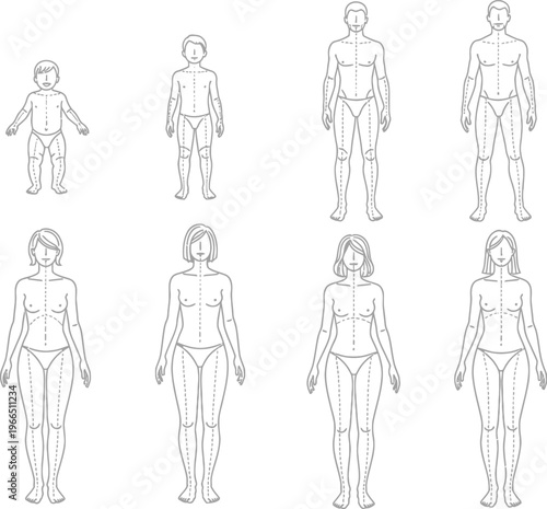 Minimalist dotted line set of human figure outlines; abstract body shape illustrations for anatomy, fitness, and wellness concepts, line art, white background, gender neutral