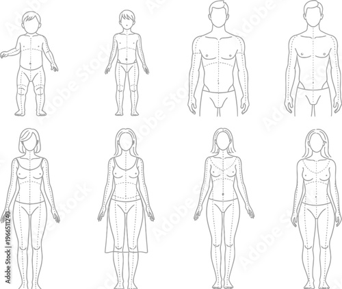 Set of eight minimalist dotted line human figure outlines; abstract body shape illustrations for health, fitness, and anatomy, line art, white background, gender neutral
