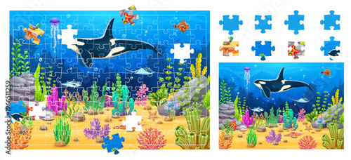 Jigsaw puzzle game pieces with killer whale and underwater landscape, vector cartoon worksheet. Kids jigsaw puzzle pieces with orca whale, funny flounder, starfish and tuna fish in coral reef seaweeds