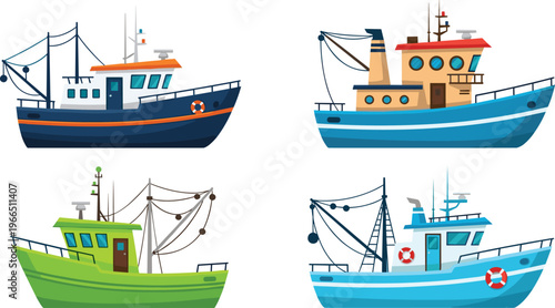 Fishing Boat Vector Set with Trawler Ships, Marine Vessels and Commercial Fishing Equipment for Ocean Industry, Nautical Design and Maritime Illustration