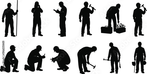 Black silhouette set of professional repairmen and industrial workers with tools performing maintenance and repair tasks on isolated white background