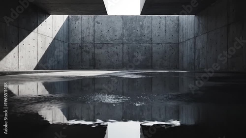 Flooded concrete hall with a bright skylight, sharp angular shadows, and mirrored water reflections!