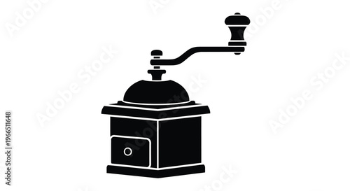 Black silhouette of a vintage hand coffee grinder on a white background