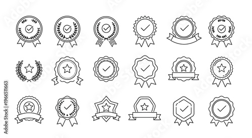 Collection of linear award badges and quality certification symbols
