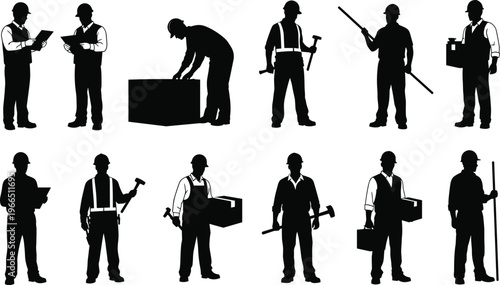 Black silhouette set of professional warehouse workers and industrial contractors carrying boxes holding tools and checking documents isolated on white background
