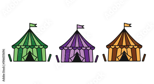 Colorful cartoon illustration of three medieval style tents in green, purple, and orange