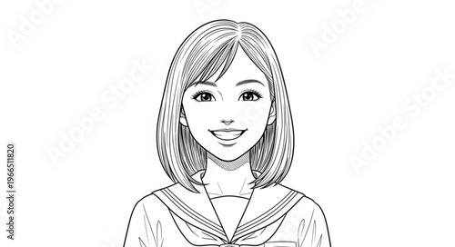 Black and White Sketch of a Smiling Young Woman in School Uniform.