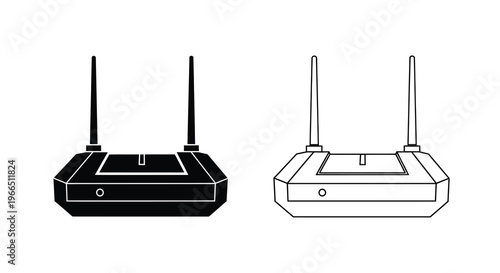 Line art illustration of two wireless routers in contrasting color schemes