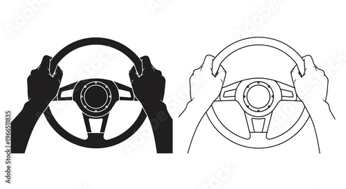 Hands gripping a steering wheel a black and white illustration
