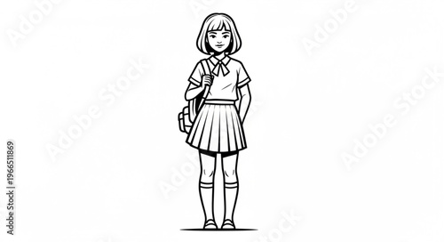Black and White Sketch of a Young School Girl with Backpack.