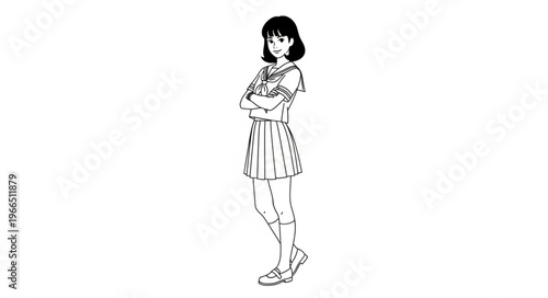 Black and White Sketch of a Young Woman Standing Confidently.