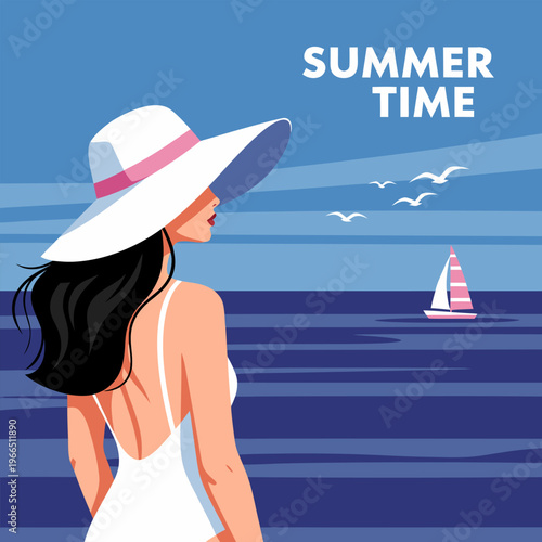 Vector illustration of a woman in a white swimsuit and hat looking out at the ocean with a sailboat on a summer day