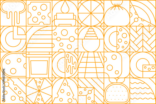 Modern dairy cheese geometric pattern featuring orange linear food icons. Cheese slices, melted cheese, milk, pizza, burger and dairy symbols arranged in grid layout. Vector pattern for food packaging