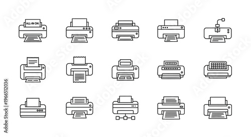 Line art illustration of various printer types and models