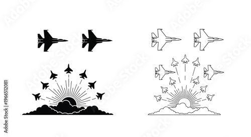 Stylized illustration of fighter jets in dynamic formations and sunburst patterns