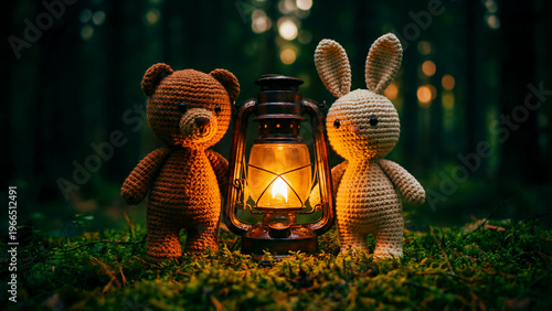 Adorable crocheted teddy bear and rabbit toy stand beside a glowing vintage oil lantern deep within a mossy dark forest setting