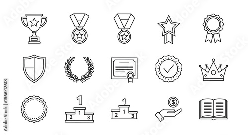 Collection of black and white line art icons representing awards and achievements