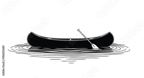 A simple black and white illustration of a canoe on water