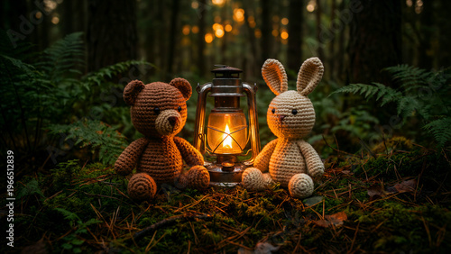 Adorable crocheted teddy bear and bunny companion sitting beside an illuminated vintage lantern deep within a magical dark forest setting