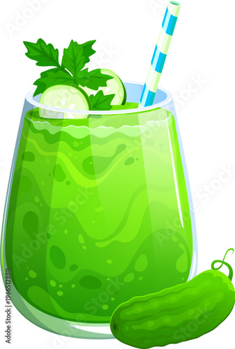 Green vegan smoothie drink. Glass filled with thick liquid decorated with cucumber slices and parsley leaves on top. Vector cartoon icon for healthy food, organic nutrition, green summer cocktail