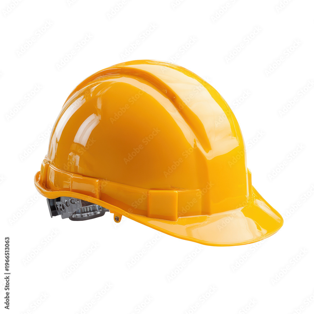Fototapeta premium Bright Yellow Safety Helmet with Adjustable Gray Chin Strap Isolated on Black Background hardhat protective, Png Isolated On White, Transparent Background