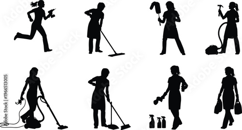 Black silhouettes of female professional cleaning staff and housewives using vacuum cleaners mops and spray bottles isolated on a white background