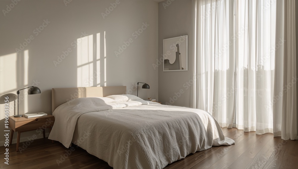 Obraz premium Bright Modern Bedroom with Natural Light and Minimalist Decor