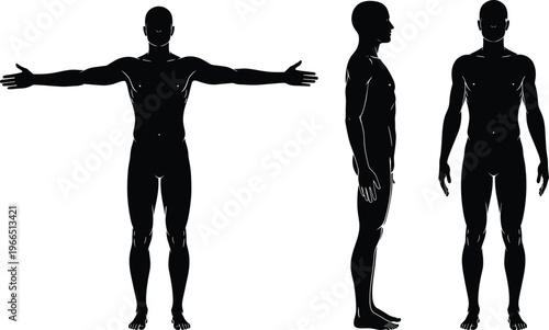 Black male body silhouette vector illustration featuring front view with outstretched arms, side profile, and standing front pose for technical anatomical reference.