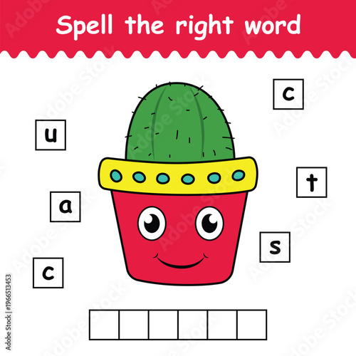 Spell the right word of cactus. words puzzle game for preschool. learning game for kids. english grammar puzzle for children. vector illustration
