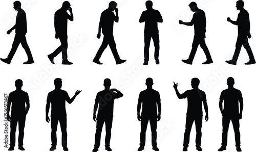 Set of black silhouettes representing men in various active and standing poses including walking talking on phone and gesturing for design